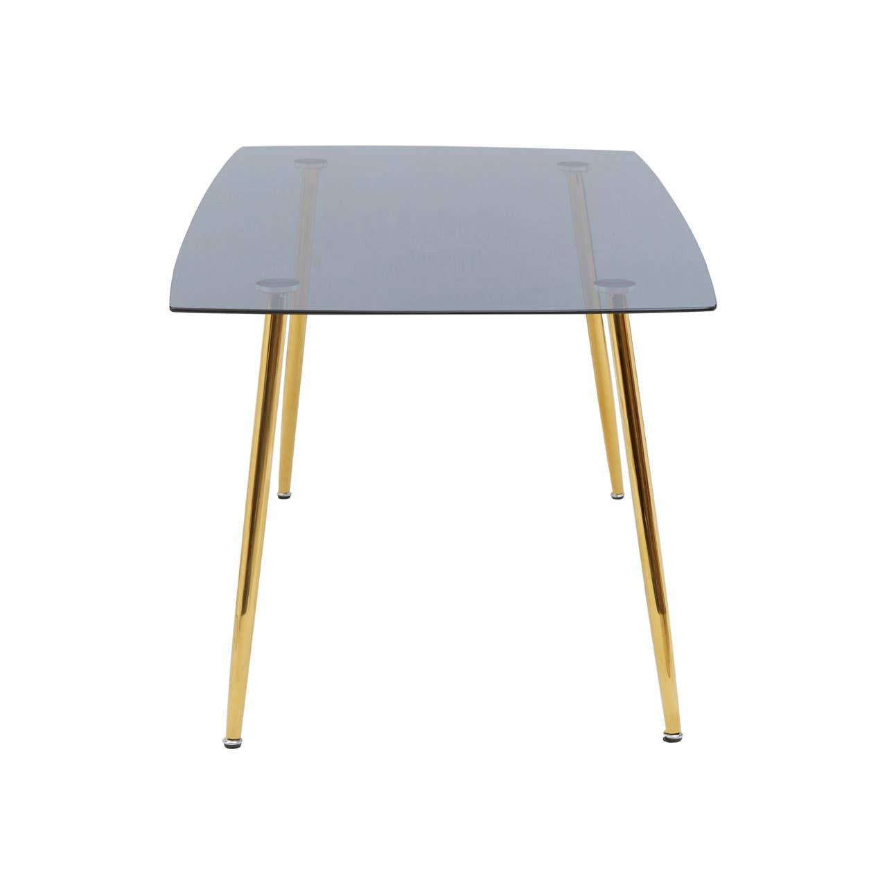 Smoked glass dining table with a sleek rectangular top and four gold metal legs, accompanied by six matching chairs featuring a modern design. The table and chairs are arranged in a minimalist style, showcasing a contemporary aesthetic suitable for dining spaces