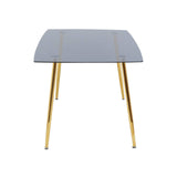 Smoked glass dining table with a sleek rectangular top and four gold metal legs, accompanied by six matching chairs featuring a modern design. The table and chairs are arranged in a minimalist style, showcasing a contemporary aesthetic suitable for dining spaces