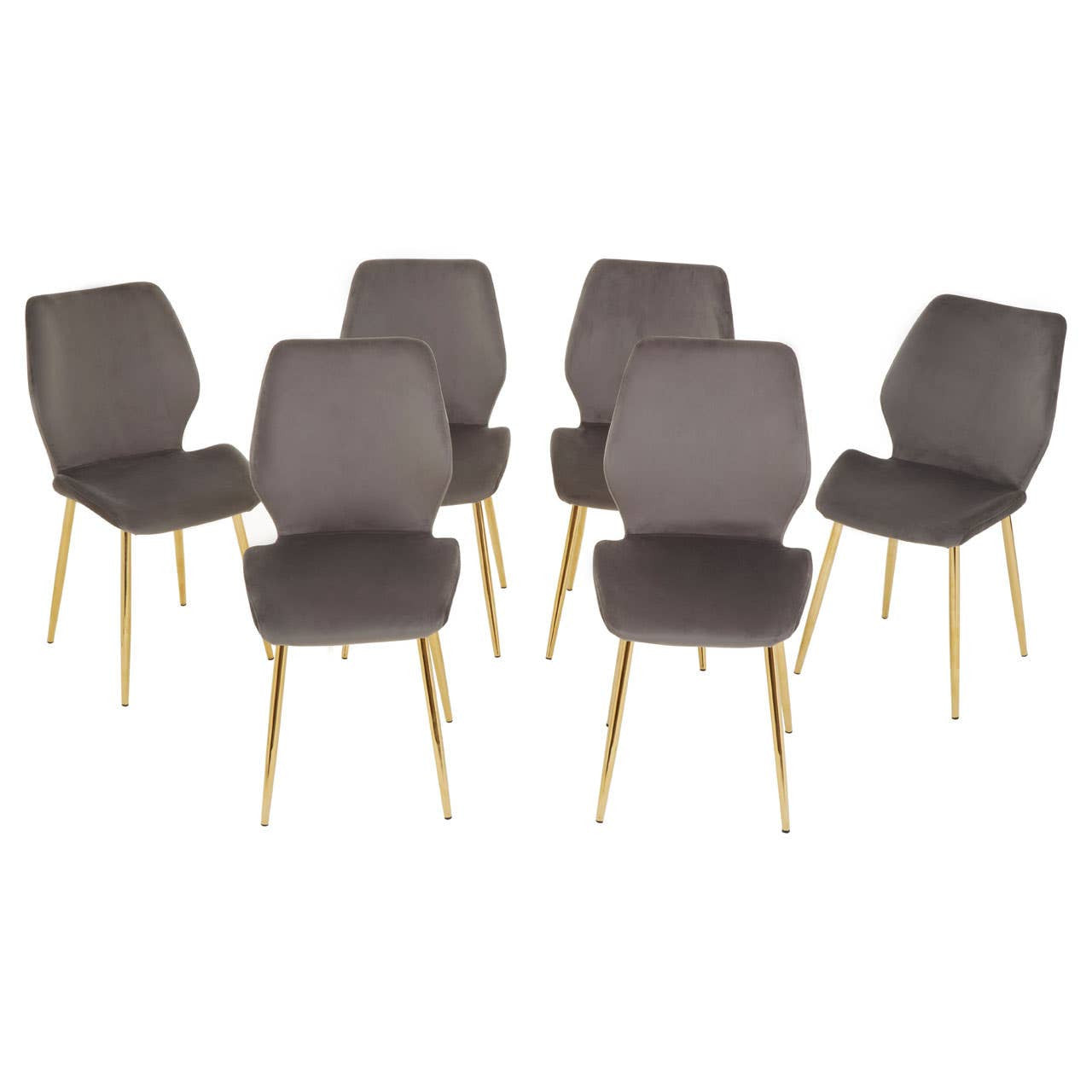 Smoked glass dining table accompanied by six modern chairs with gray upholstery and wooden legs, arranged in a circular formation. The table features a sleek, minimalist design, while the chairs have a contemporary shape with a comfortable backrest