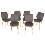 Smoked glass dining table accompanied by six modern chairs with gray upholstery and wooden legs, arranged in a circular formation. The table features a sleek, minimalist design, while the chairs have a contemporary shape with a comfortable backrest
