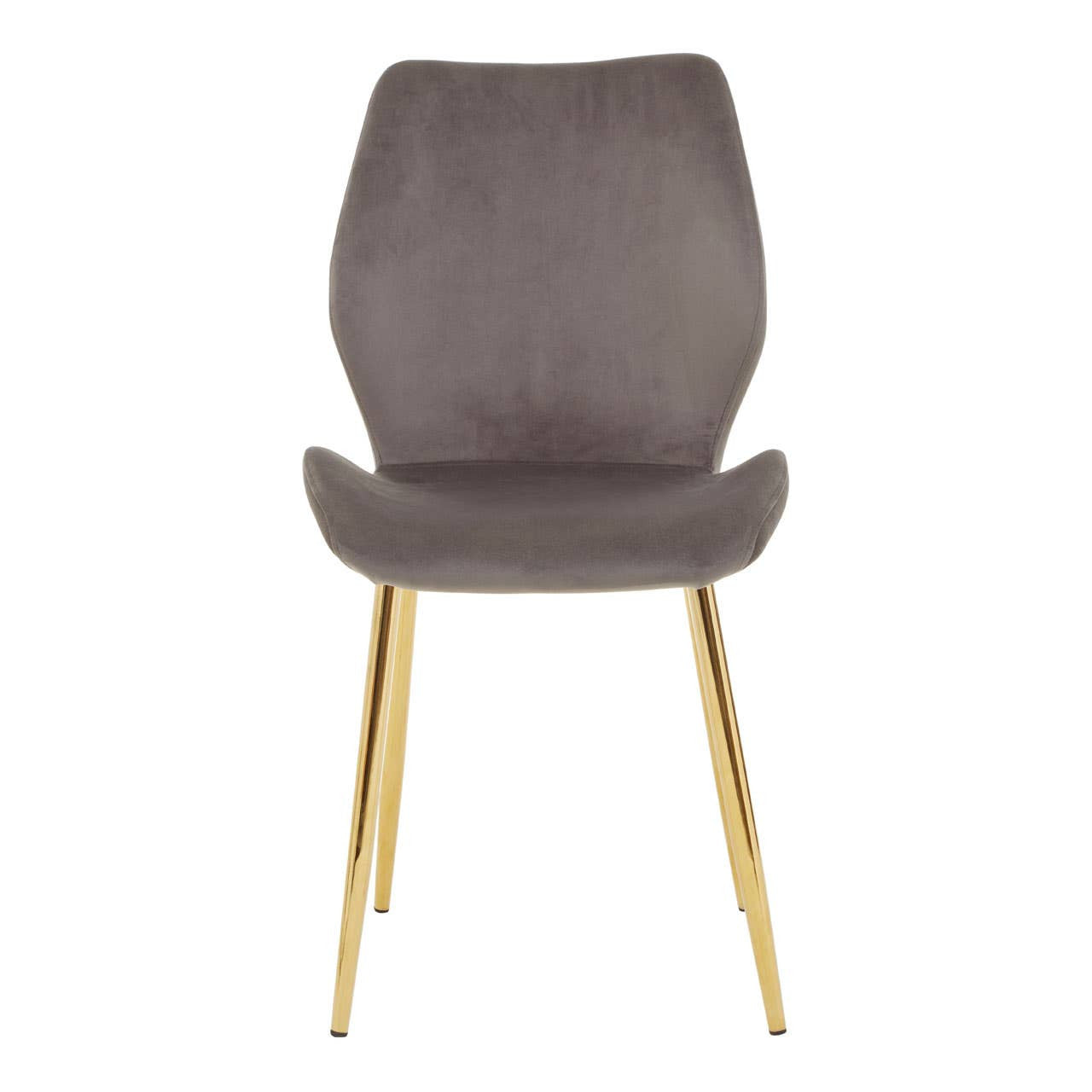 Smoked glass dining table with a sleek, modern design, accompanied by six stylish chairs featuring gray upholstery and gold metal legs. The table showcases a minimalist aesthetic, while the chairs offer a comfortable seating option with a contemporary look