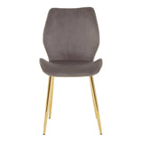 Smoked glass dining table with a sleek, modern design, accompanied by six stylish chairs featuring gray upholstery and gold metal legs. The table showcases a minimalist aesthetic, while the chairs offer a comfortable seating option with a contemporary look