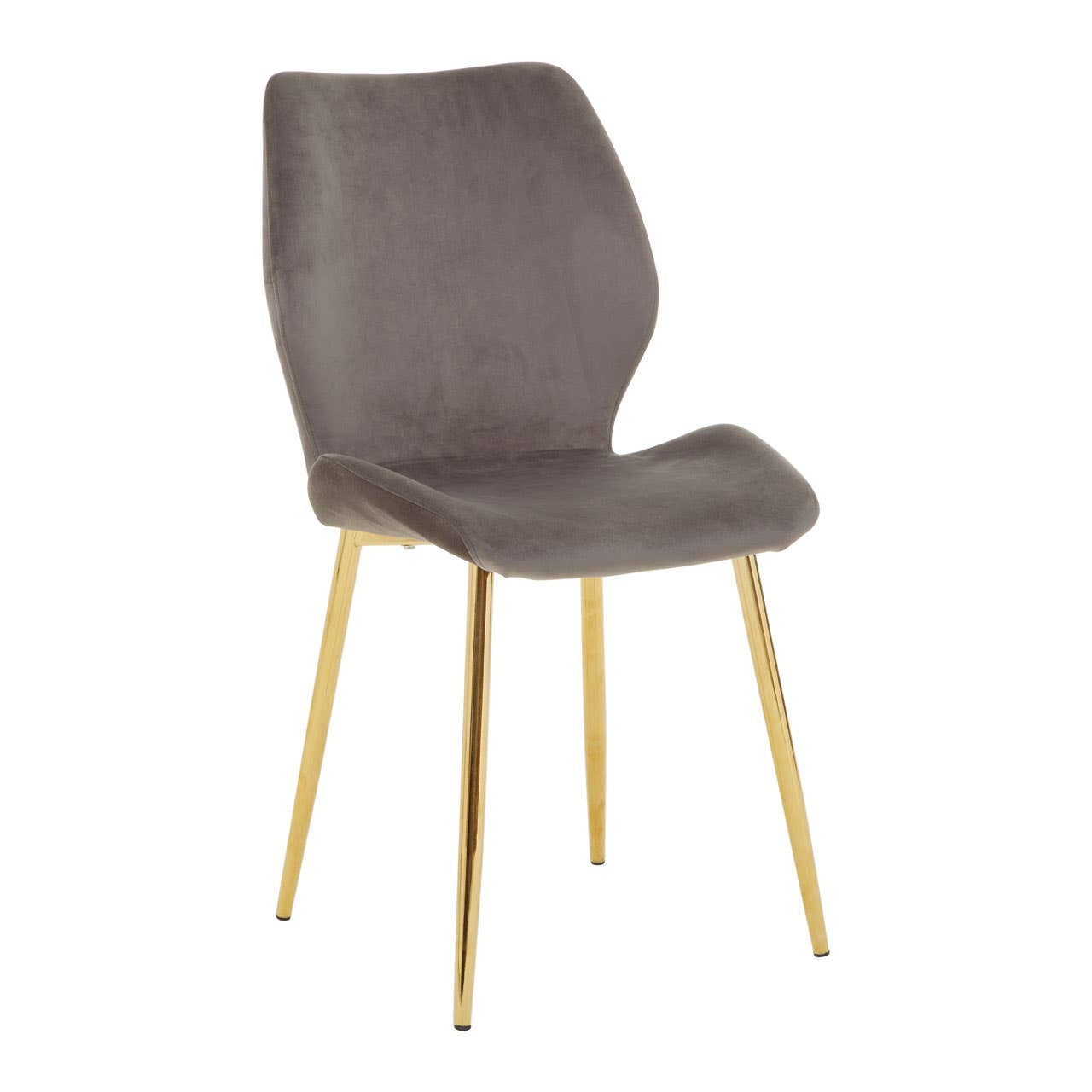 Wimslow Smoked Glass Dining Table with 6 Chairs Set featuring a sleek smoked glass tabletop supported by a modern metal frame, accompanied by six stylish chairs with gray upholstered seats and gold metal legs, arranged around the table