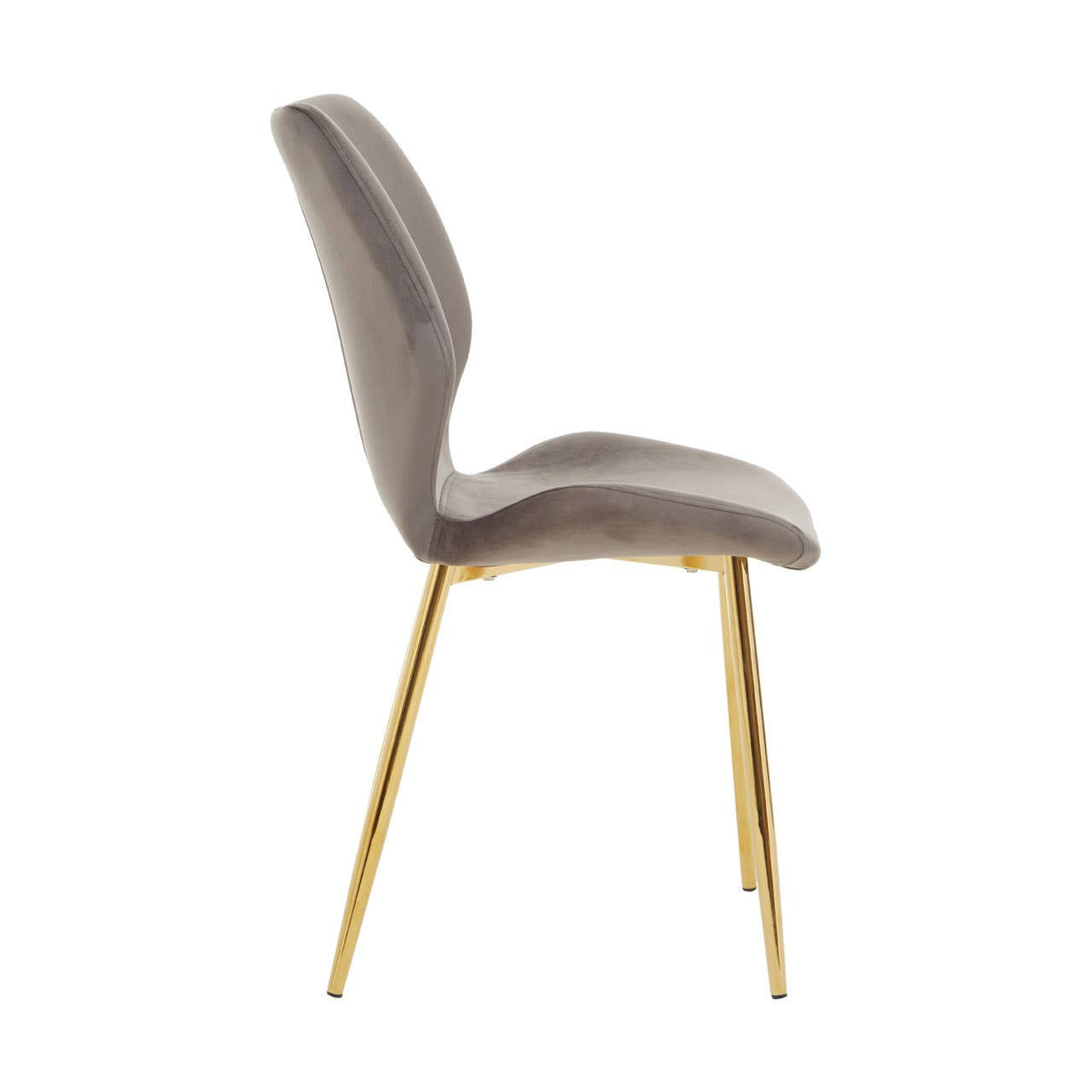 Smoked glass dining table with a sleek, modern design, accompanied by six upholstered chairs featuring a soft gray fabric and gold metal legs. The table has a minimalist aesthetic, while the chairs have a curved backrest for comfort