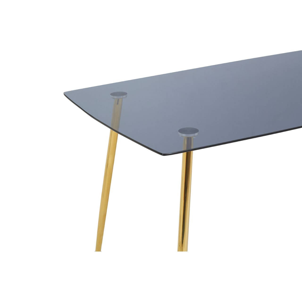 Smoked glass dining table with a sleek, rectangular top supported by two golden wooden legs, showcasing a modern and elegant design
