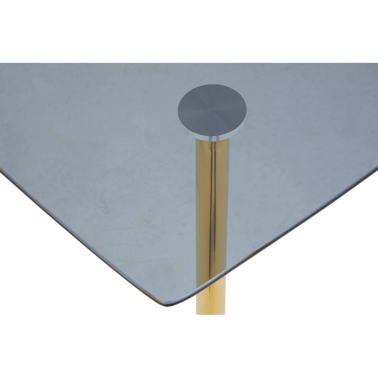 Smoked glass dining table with a sleek, modern design featuring a circular cutout at the center and a gold-colored metal base. The table is accompanied by six matching chairs, each with a minimalist style and upholstered seats