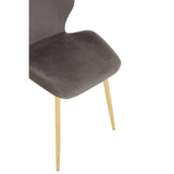 Smoked glass dining table with a sleek design accompanied by six modern chairs featuring plush gray upholstery and elegant gold legs. The set showcases a contemporary aesthetic suitable for dining spaces