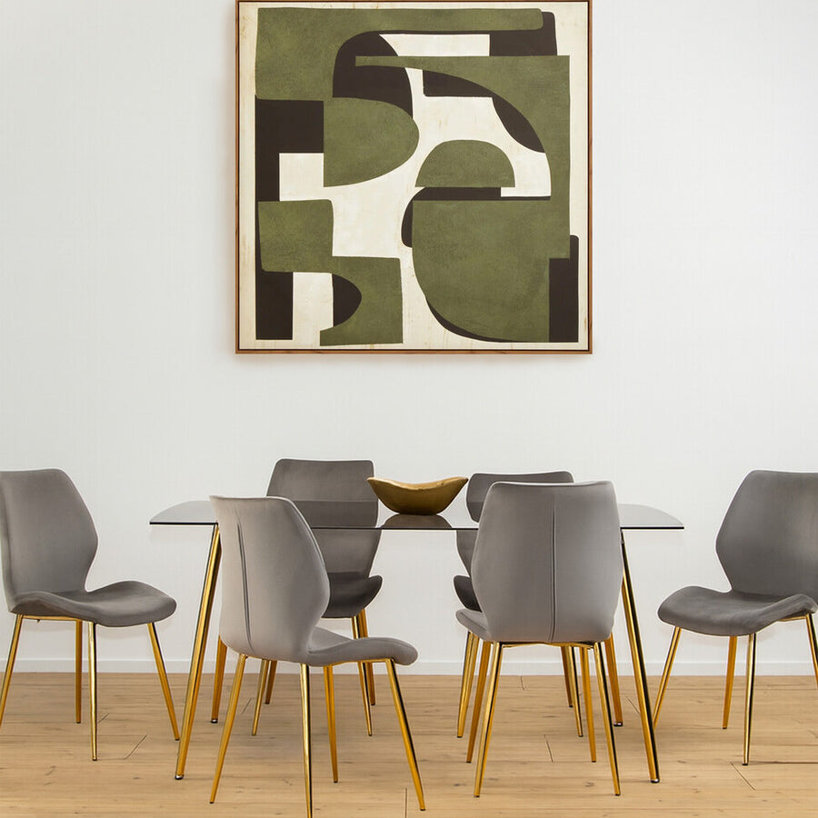 Smoked glass dining table surrounded by six modern gray chairs with wooden legs, set against a light-colored wall featuring an abstract artwork in earthy tones. The floor is a warm wooden finish, creating a cozy dining atmosphere