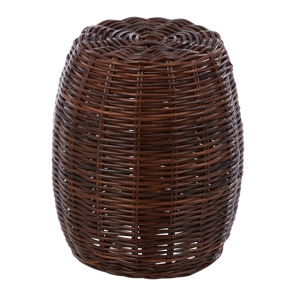 Natural brown rattan stool with a croco pattern, featuring a rounded barrel shape and an open weave design, suitable for home decor