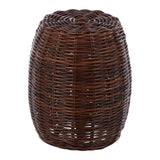 Natural brown rattan stool with a croco pattern, featuring a rounded barrel shape and an open weave design, suitable for home decor
