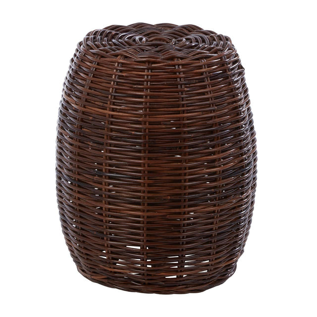 A cylindrical stool made from natural croco rattan, featuring a woven texture in rich brown tones, with an open design that allows light to pass through. The top is slightly rounded, and the overall shape is smooth and tapered towards the base
