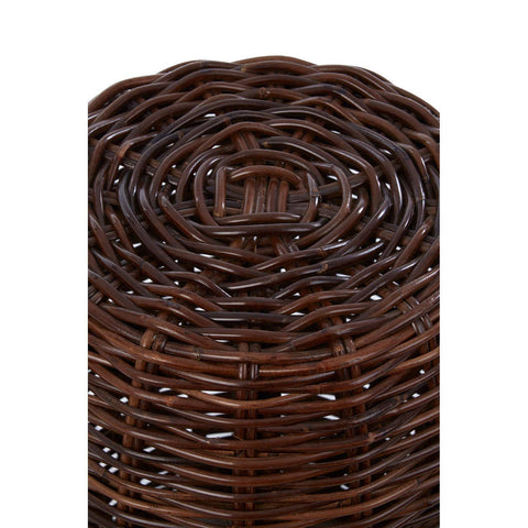 Natural croco rattan stool featuring a cylindrical shape with a textured surface, showcasing intricate woven patterns in rich brown tones. The top is slightly rounded, emphasizing the organic design and craftsmanship of the piece