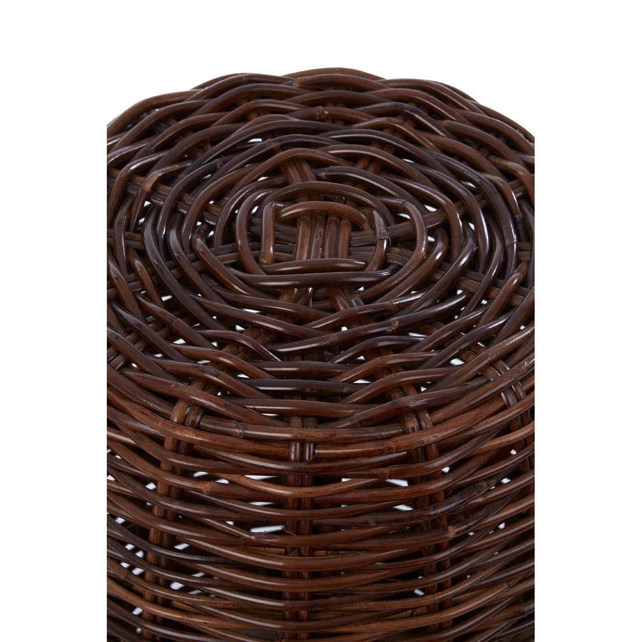 Natural croco rattan stool featuring a cylindrical shape with a textured surface, showcasing intricate woven patterns in rich brown tones. The top is slightly rounded, emphasizing the organic design and craftsmanship of the piece