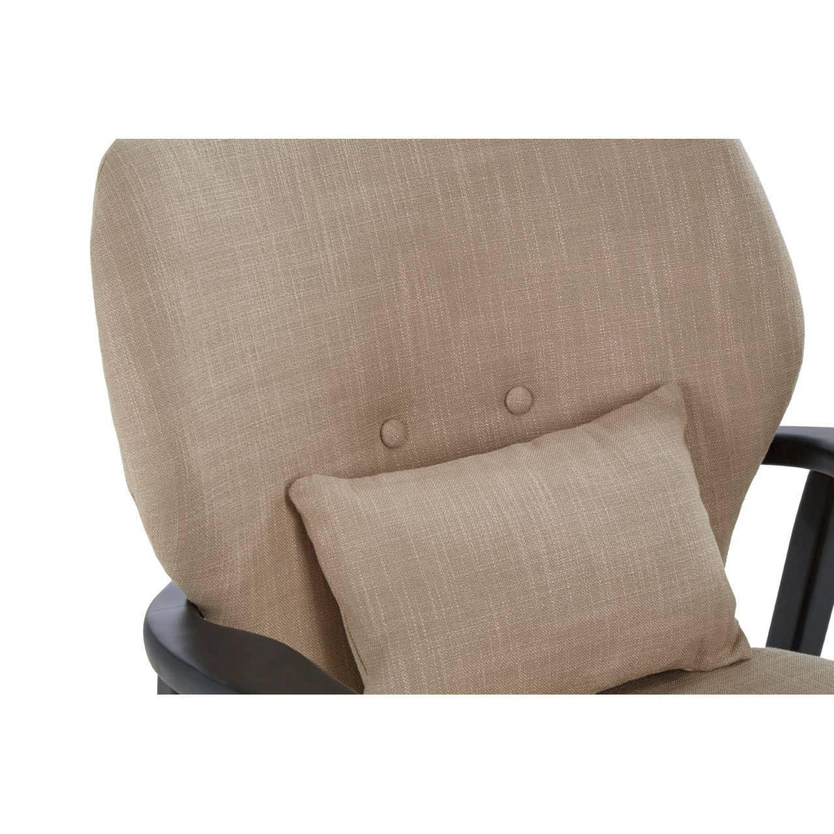 Beige fabric armchair with padded backrest and matching lumbar cushion close-up