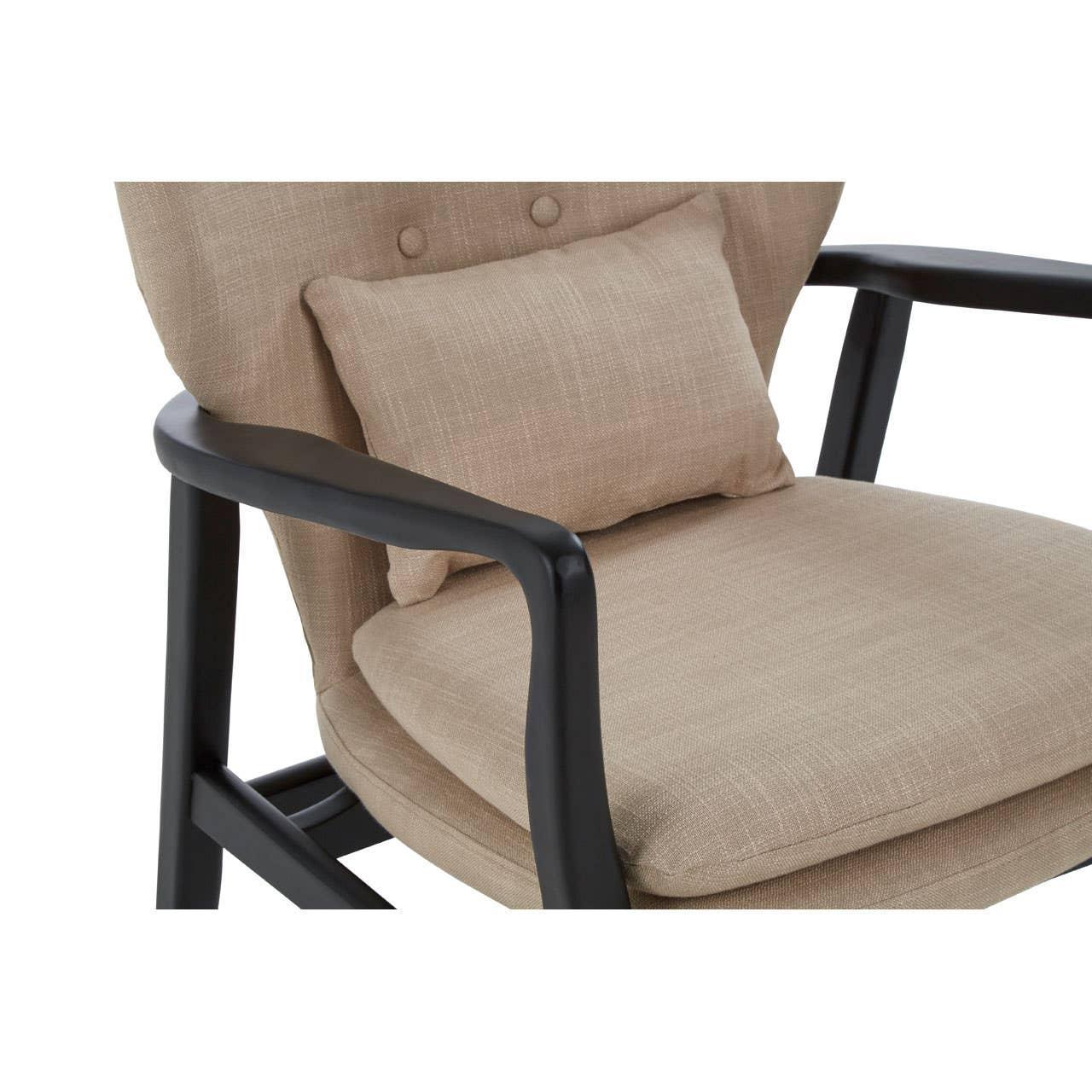 Beige fabric armchair with black wooden frame and matching lumbar cushion