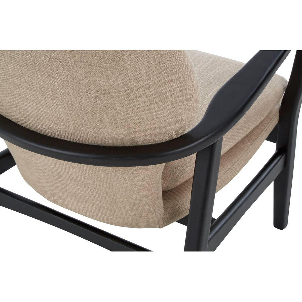 Beige fabric armchair with curved black wooden frame close-up