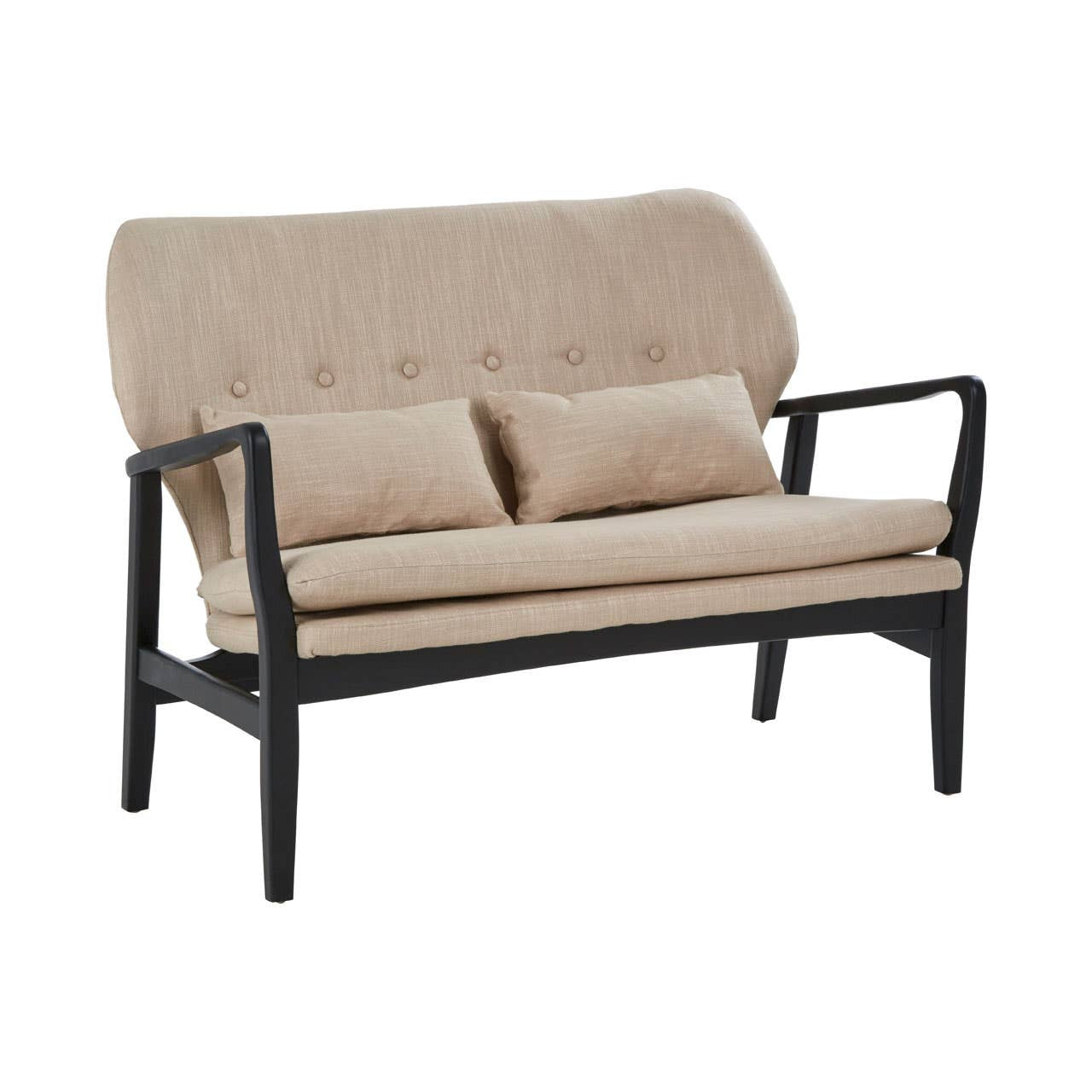 Beige two-seat sofa featuring a curved backrest and two matching cushions, supported by a sleek black wood frame with armrests and tapered legs