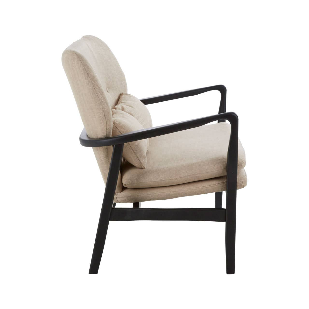Beige two-seat sofa featuring a sleek black wood frame, with plush cushions and curved armrests, showcasing a modern design suitable for various interior styles
