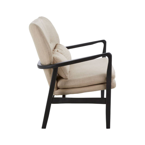 Beige two-seat sofa featuring a sleek black wood frame, with plush cushions and curved armrests, showcasing a modern design suitable for various interior styles