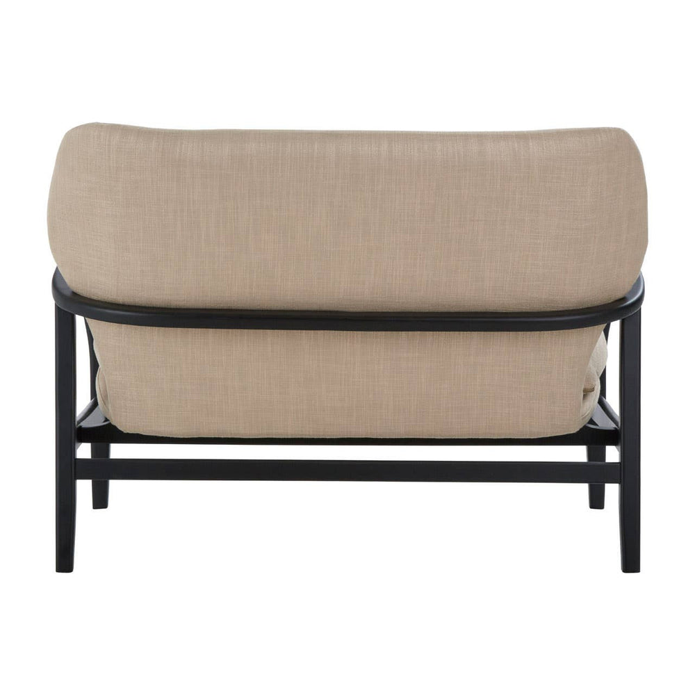 Beige two-seat sofa with a rounded backrest, supported by a sleek black wood frame. The design features clean lines and a minimalist aesthetic, showcasing the fabric texture of the upholstery