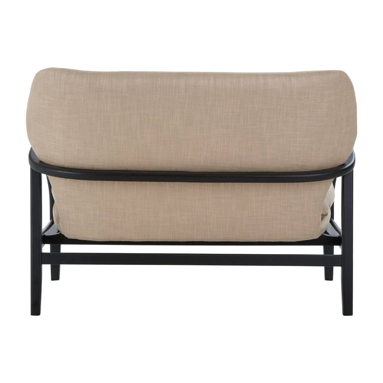 Beige two-seat sofa with a rounded backrest, supported by a sleek black wood frame. The design features clean lines and a minimalist aesthetic, showcasing the fabric texture of the upholstery