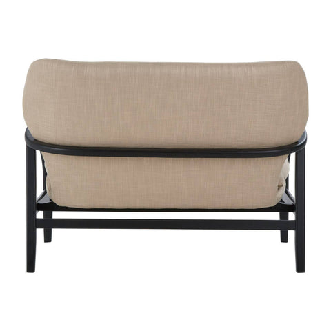 Beige two-seat sofa with a rounded backrest, supported by a sleek black wood frame. The design features clean lines and a minimalist aesthetic, showcasing the fabric texture of the upholstery