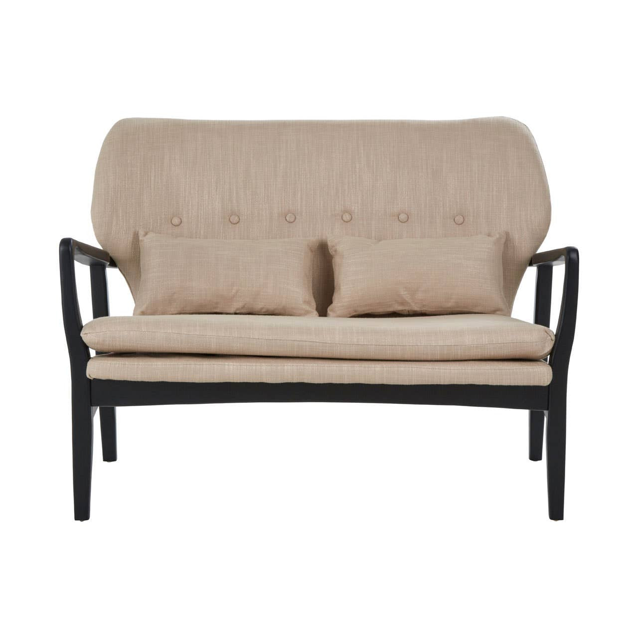 Beige two-seat sofa featuring a plush, tufted backrest and two matching cushions, supported by a sleek black wood frame with curved armrests