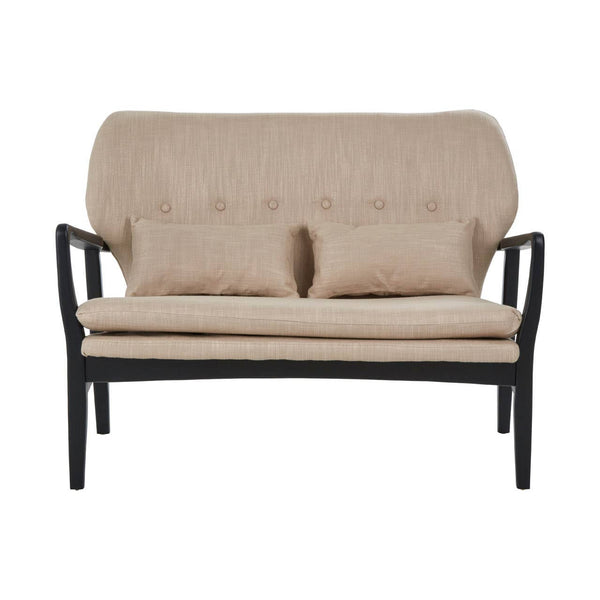 Beige two-seat sofa featuring a plush, tufted backrest and two matching cushions, supported by a sleek black wood frame with curved armrests