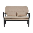 Beige two-seat sofa featuring a plush, tufted backrest and two matching cushions, supported by a sleek black wood frame with curved armrests