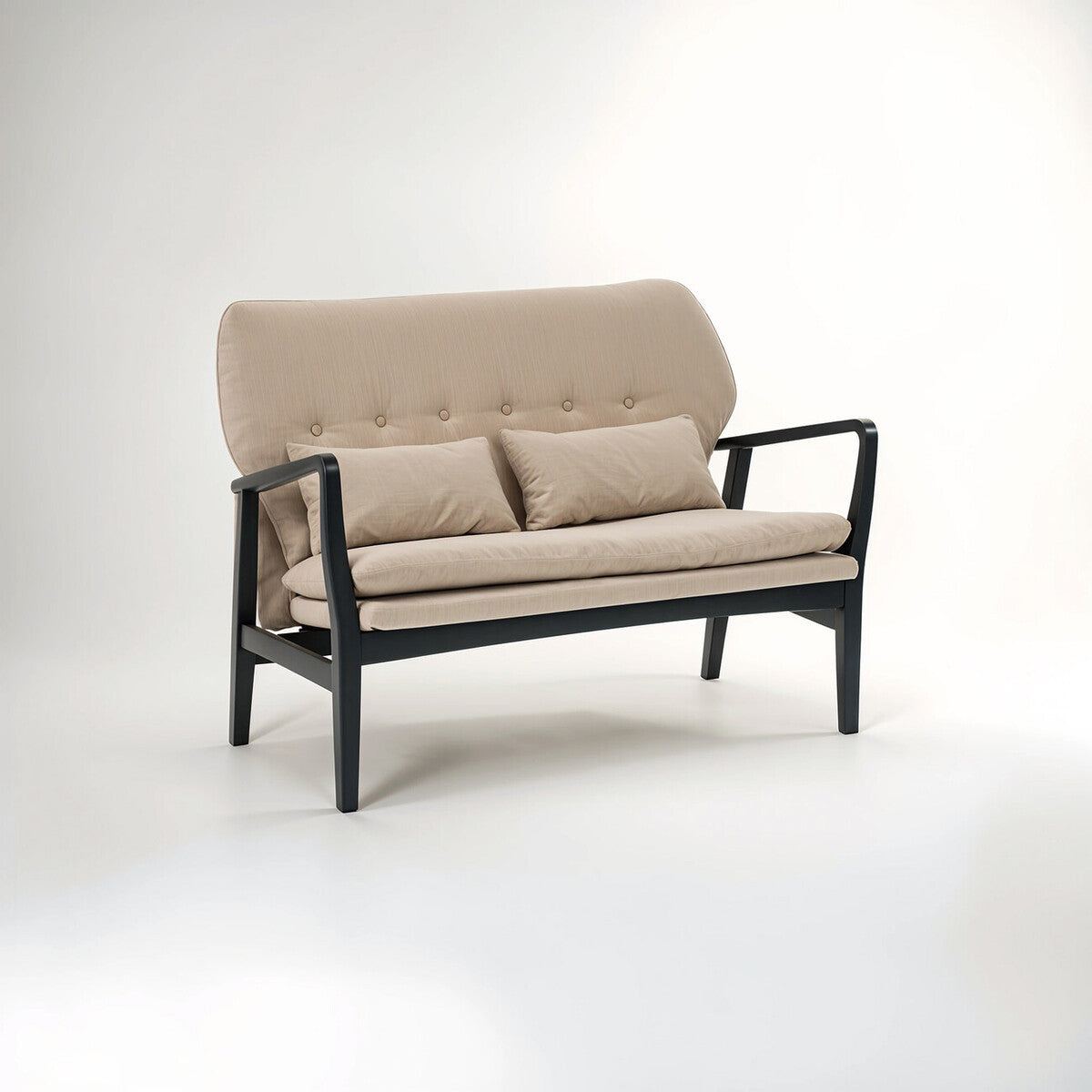 Beige two-seat sofa featuring a curved backrest and two matching cushions, supported by a sleek black wood frame with armrests. The sofa is set against a neutral background, highlighting its modern design and color contrast