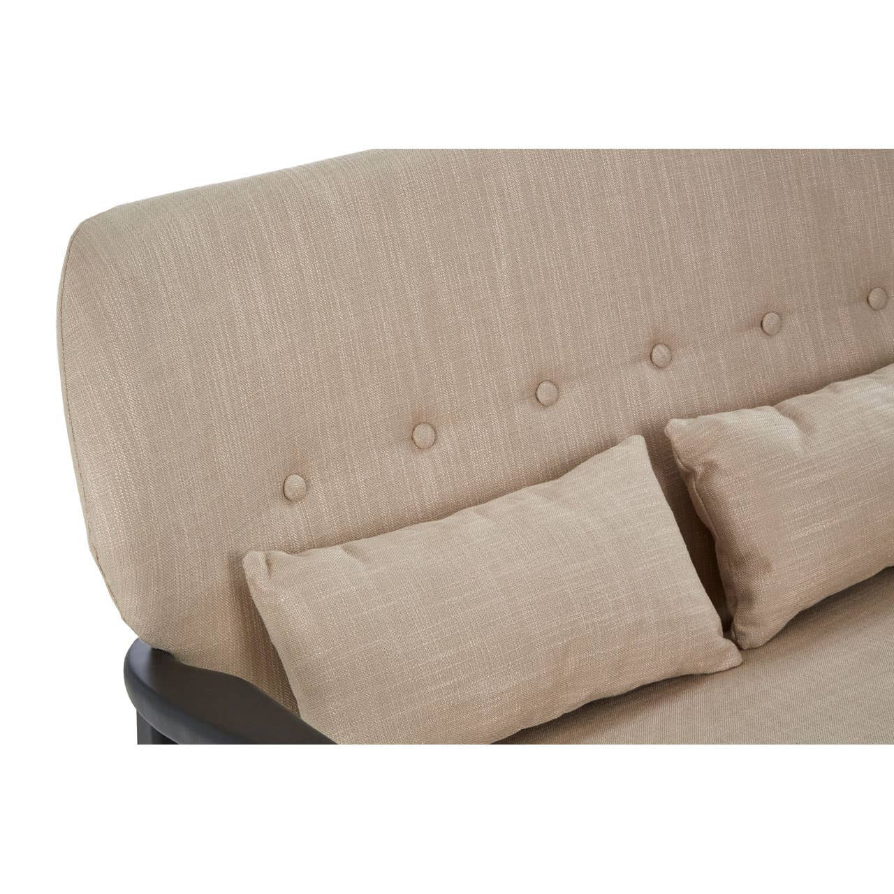 Beige two-seat sofa featuring a textured fabric upholstery, a gently curved backrest with button detailing, and two matching cushions, all supported by a sleek black wood frame