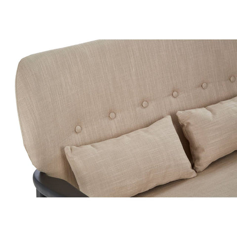 Beige two-seat sofa featuring a textured fabric upholstery, a gently curved backrest with button detailing, and two matching cushions, all supported by a sleek black wood frame