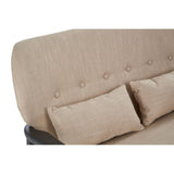 Beige two-seat sofa featuring a textured fabric upholstery, a gently curved backrest with button detailing, and two matching cushions, all supported by a sleek black wood frame