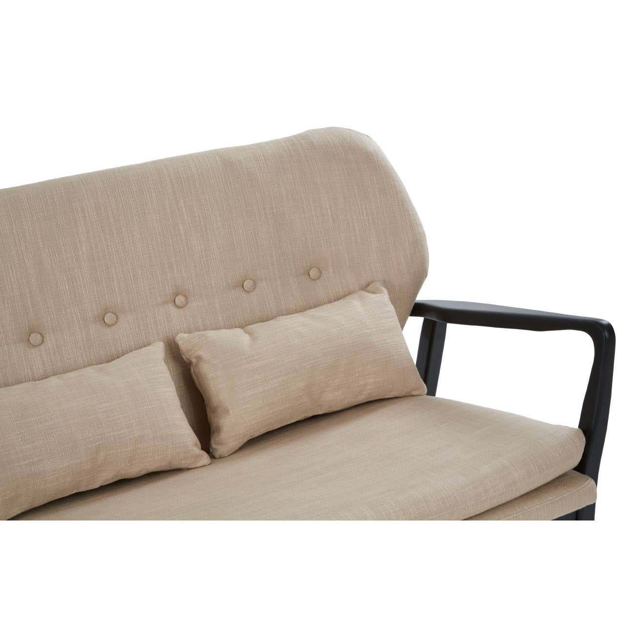 Beige two-seat sofa featuring a tufted backrest and two small cushions, supported by a sleek black wood frame. The fabric has a soft texture, and the overall design is modern and minimalist