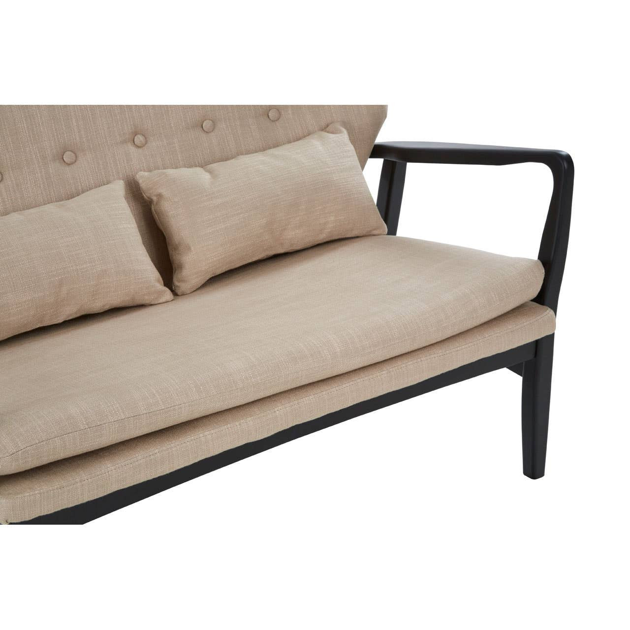 Beige two-seat sofa featuring a plush seat and back cushions, supported by a sleek black wood frame. The sofa has a minimalist design with clean lines and two matching decorative pillows
