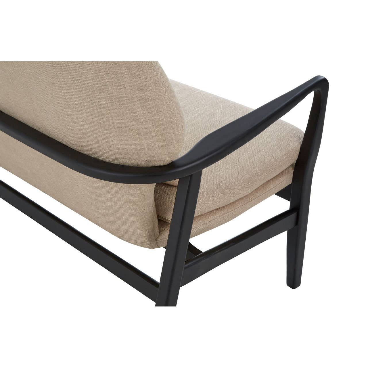 Beige two-seat sofa featuring a sleek black wood frame, showcasing a modern design with curved armrests and a plush seat cushion