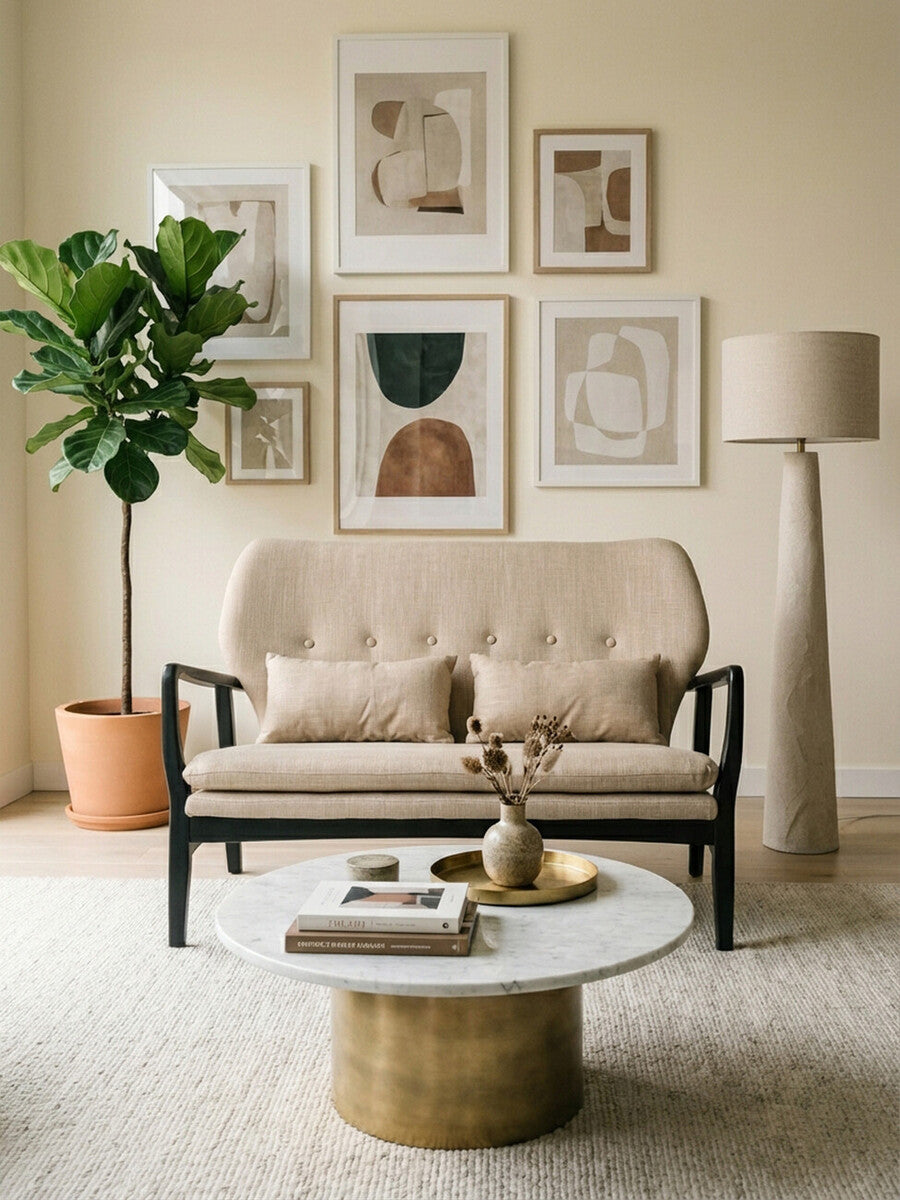 Beige two-seat sofa with a black wood frame, featuring two matching cushions, positioned in a cozy living room setting. A round marble coffee table sits in front of the sofa, surrounded by a light-colored rug. A potted plant and a floor lamp are visible in the background, along with framed artwork on the wall