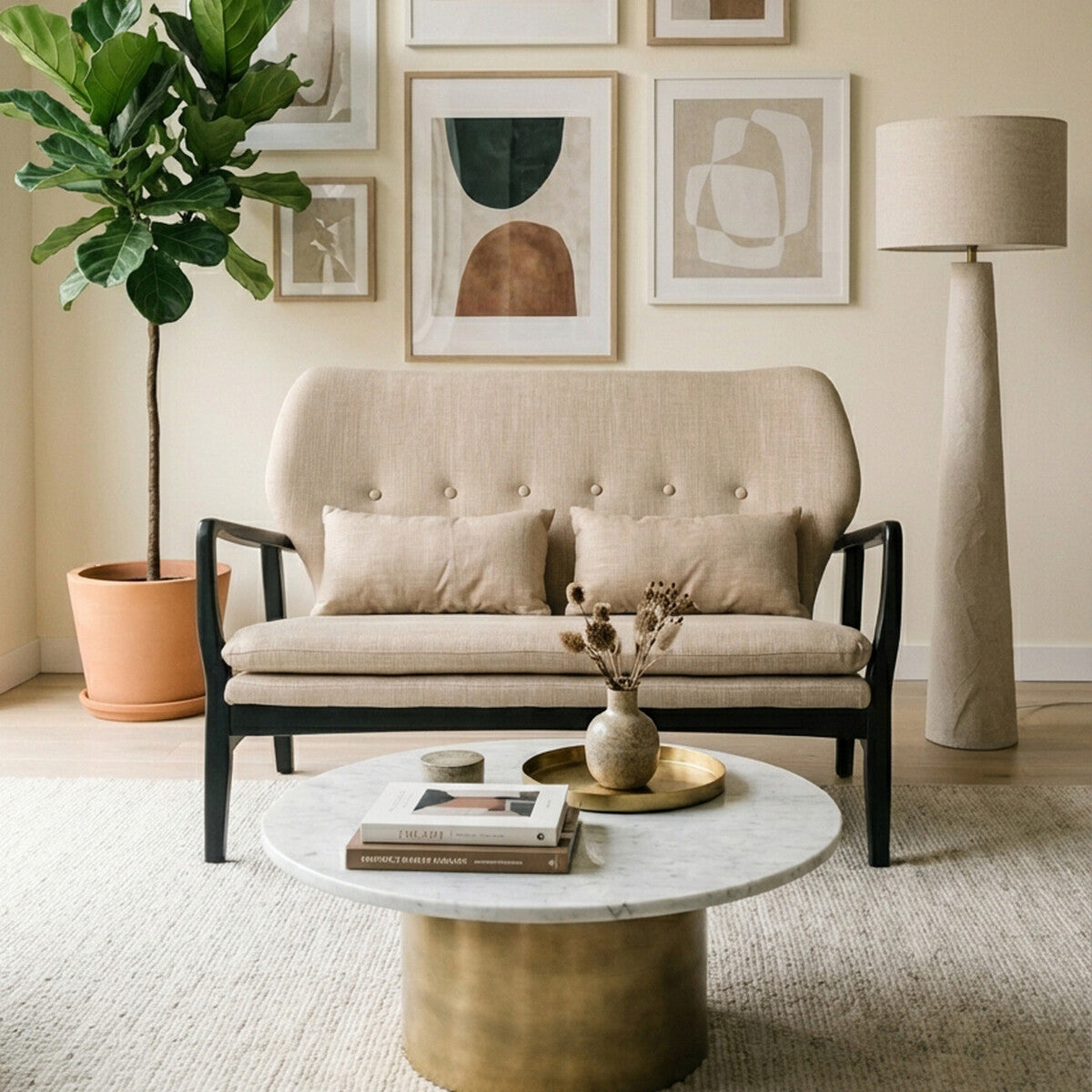 Beige two-seat sofa with a black wood frame, featuring tufted cushions and two decorative pillows, positioned in a cozy living room setting. A round coffee table with a marble top and a textured gold base sits in front of the sofa, surrounded by a light-colored rug. A tall floor lamp and a potted plant add to the decor, with framed artwork displayed on the wall behind the sofa