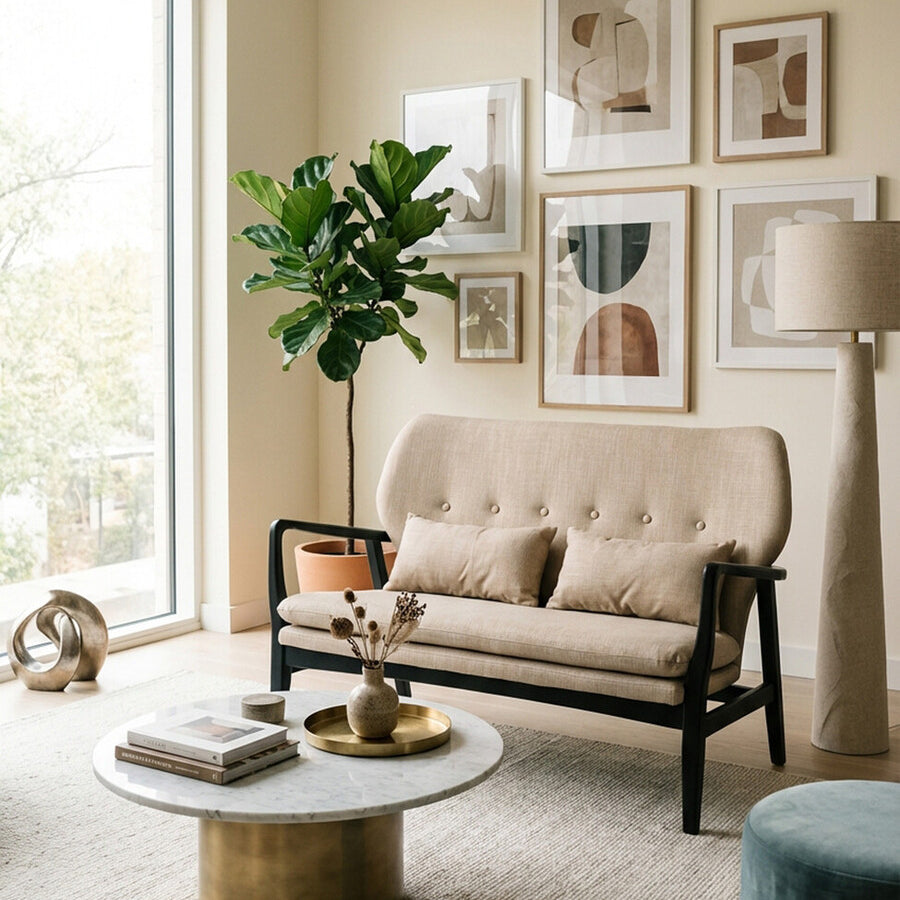 Beige two-seat sofa with a black wood frame, featuring plush cushions and a minimalist design, positioned in a bright room with large windows. A round coffee table with a textured surface sits in front of the sofa, adorned with decorative items. A potted plant and framed artwork are visible on the walls, creating a cozy and stylish living space