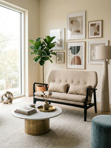 Beige two-seat sofa with a black wood frame, featuring plush cushions and a minimalist design, positioned in a bright room with large windows. A round coffee table with a textured surface sits in front of the sofa, adorned with decorative items. A potted plant and framed artwork are visible on the walls, creating a cozy and stylish living space