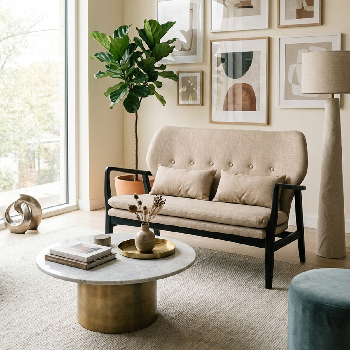Beige two-seat sofa with a black wood frame, featuring tufted cushions and two decorative pillows, positioned in a bright living room with large windows. A round marble coffee table sits in front of the sofa, adorned with a decorative tray and a small plant. The background includes framed artwork on the walls and a tall floor lamp beside the sofa. A green potted plant adds a touch of nature to