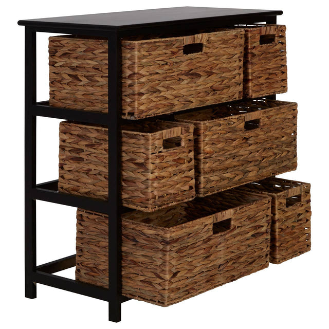 Black storage unit featuring a sleek top surface and six woven water hyacinth drawers arranged in three rows. The drawers have cut-out handles for easy access, and the unit is supported by a sturdy frame