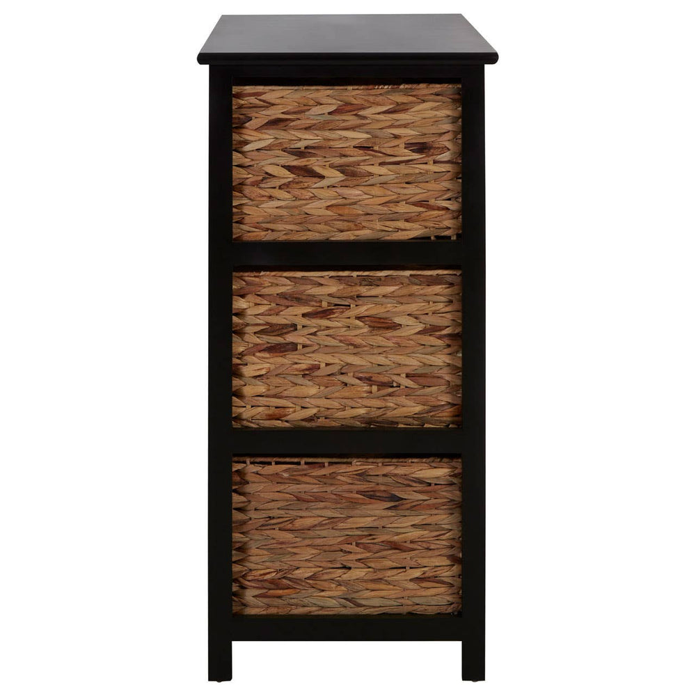 Tall black storage unit featuring six woven water hyacinth drawers. The drawers are arranged in three pairs, providing a natural texture contrast against the sleek black frame. The top surface is flat and suitable for decorative items or additional storage