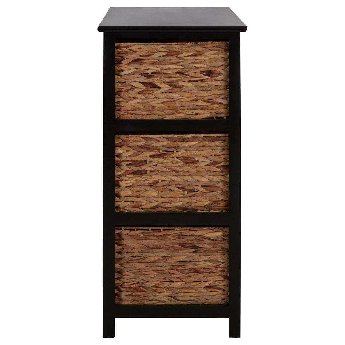 Tall black storage unit featuring six woven water hyacinth drawers. The drawers are arranged in three pairs, providing a natural texture contrast against the sleek black frame. The top surface is flat and suitable for decorative items or additional storage