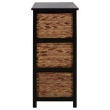 Tall black storage unit featuring six woven water hyacinth drawers. The drawers are arranged in three pairs, providing a natural texture contrast against the sleek black frame. The top surface is flat and suitable for decorative items or additional storage