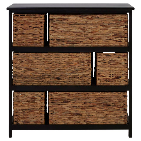 Black storage unit featuring six woven water hyacinth drawers arranged in a modern design. The drawers have a natural texture and are set against a sleek black frame, providing a stylish contrast. The unit is elevated on four legs, adding a contemporary touch to home decor