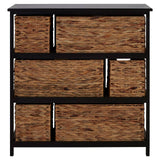 Black storage unit featuring six woven water hyacinth drawers arranged in a modern design. The drawers have a natural texture and are set against a sleek black frame, providing a stylish contrast. The unit is elevated on four legs, adding a contemporary touch to home decor