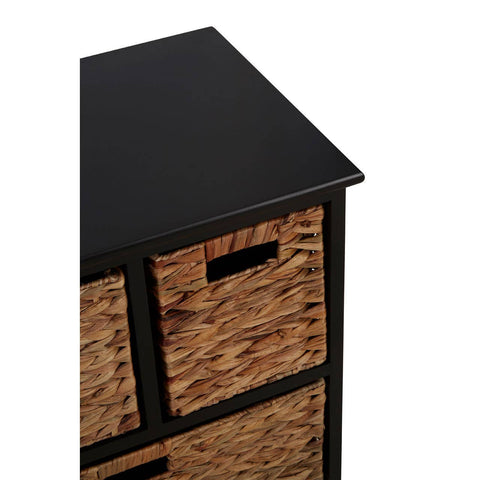 Black storage unit featuring a smooth top surface and six woven water hyacinth drawers with cut-out handles for easy access. The unit has a sleek design, combining natural textures with a modern black finish