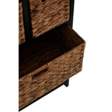 Black storage unit featuring six woven water hyacinth drawers, with one drawer partially pulled out to reveal its interior. The unit has a sleek design, showcasing a sturdy frame and natural texture from the woven material