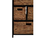 Black storage unit featuring six water hyacinth drawers. The drawers have cut-out handles for easy access and are arranged in a modern, vertical design. The unit has a sleek black frame that contrasts with the natural texture of the woven drawers